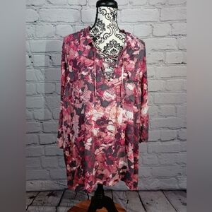 Prescott Women's Long Sleeve Floral Print 1/2 Tie Front Size 4x Popover Top b30